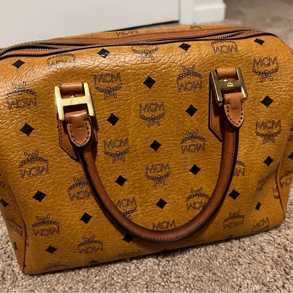 MCM Cognac Visetos Coated Canvas Heritage Boston Bag.